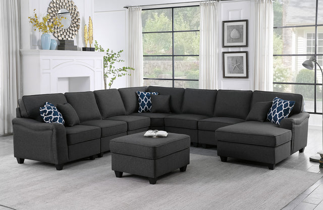 Leo Dark Gray 125"W Linen Modular L-Shape Sectional Sofa with Right-Facing Chaise & Ottoman