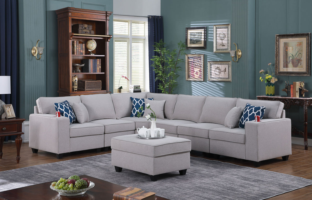 Cooper Light Gray 125"W Linen Reversible L-Shape Sectional Sofa with Ottoman
