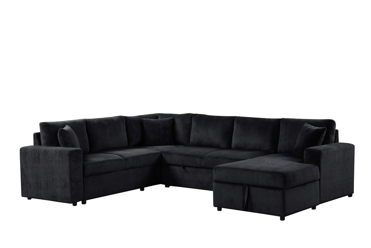 Ruxley Black 123"W Corduroy Sleeper Sectional Sofa with Right-Facing Storage Chaise