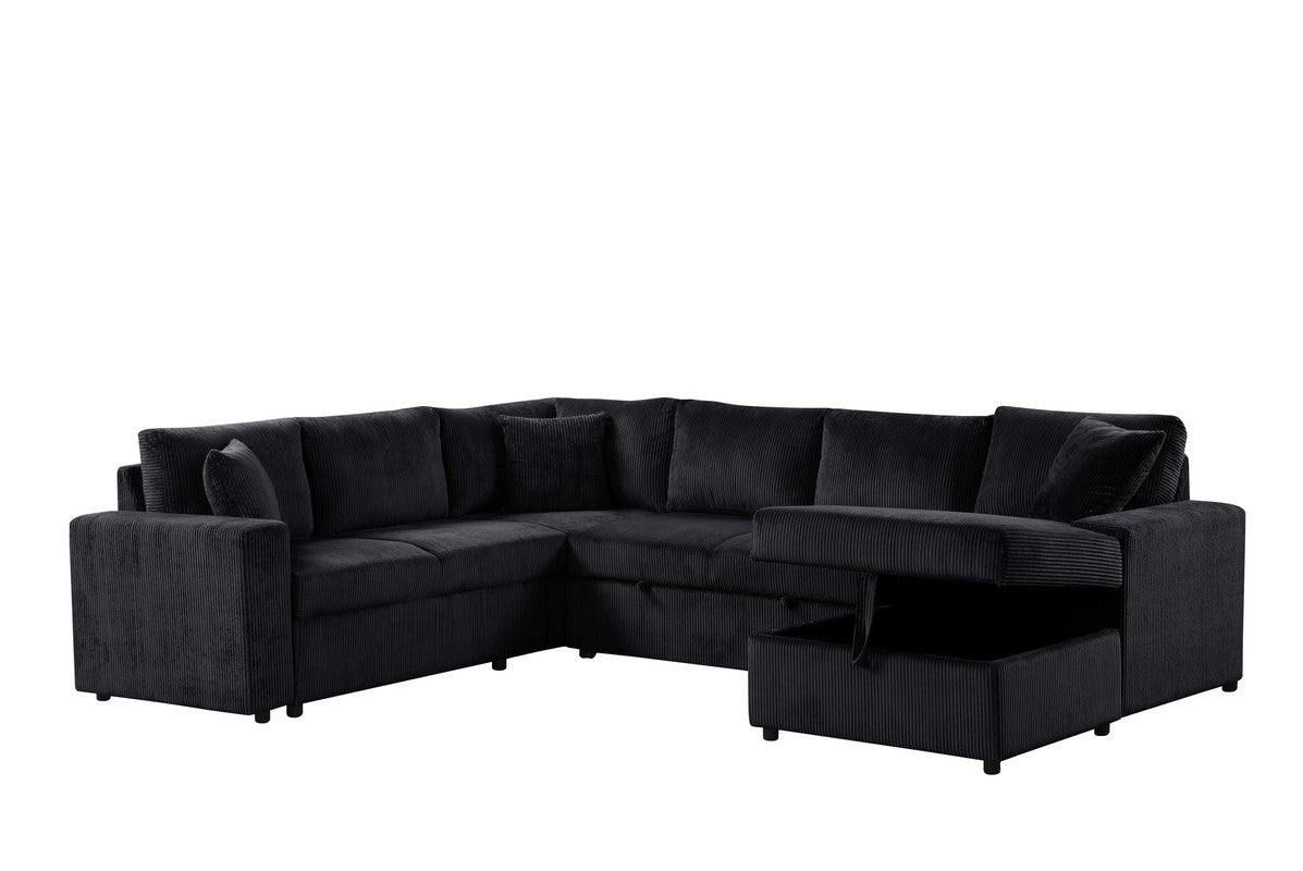 Ruxley Black 123"W Corduroy Sleeper Sectional Sofa with Right-Facing Storage Chaise