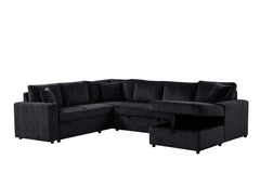 Ruxley Black 123"W Corduroy Sleeper Sectional Sofa with Right-Facing Storage Chaise