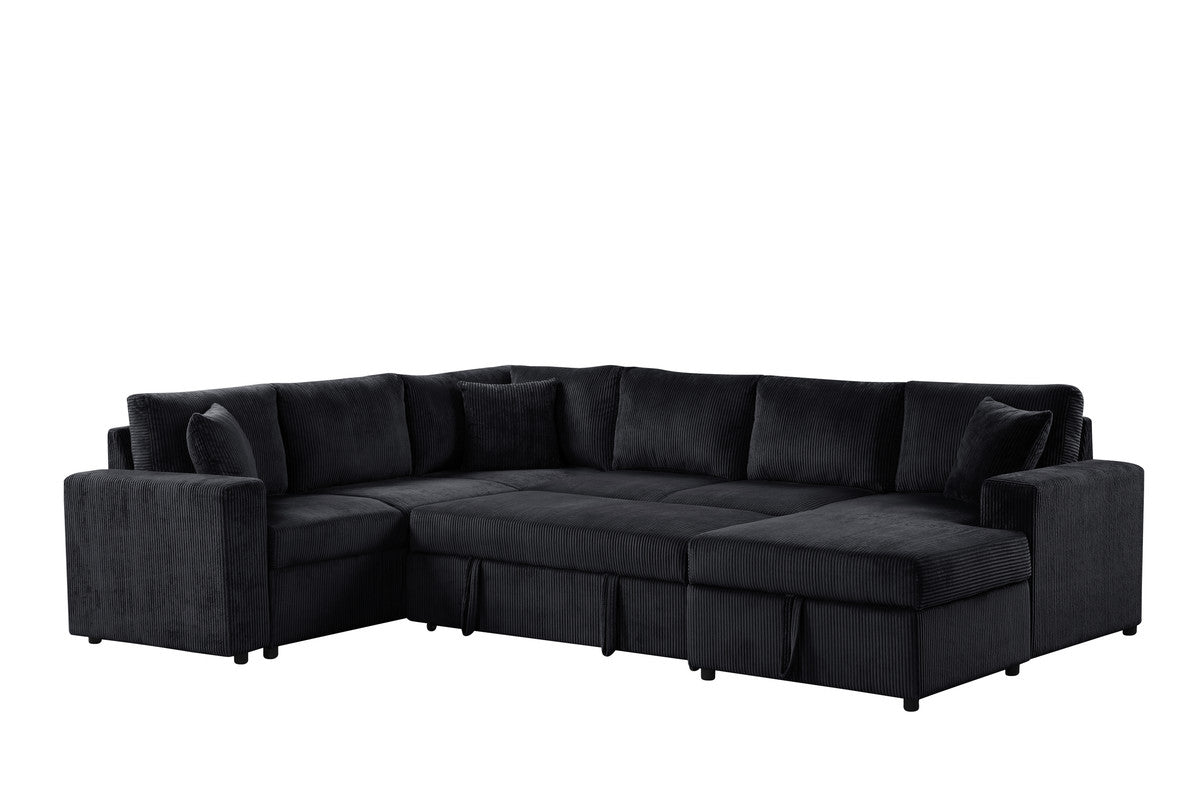 Ruxley Black 123"W Corduroy Sleeper Sectional Sofa with Right-Facing Storage Chaise