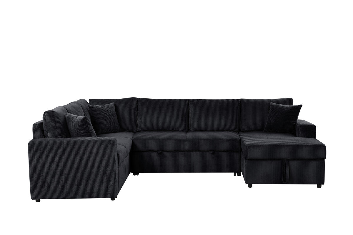 Ruxley Black 123"W Corduroy Sleeper Sectional Sofa with Right-Facing Storage Chaise