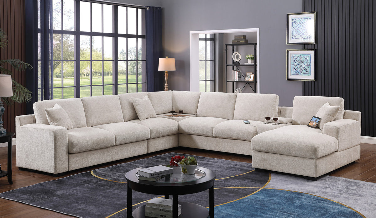 Celine Beige 141.5"W Chenille Corner Sectional Sofa with Right-Facing Chaise