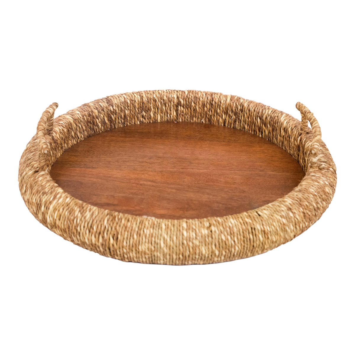 Canby Cross Brown Wood Tray with Seagrass Edge Brnz Handle
