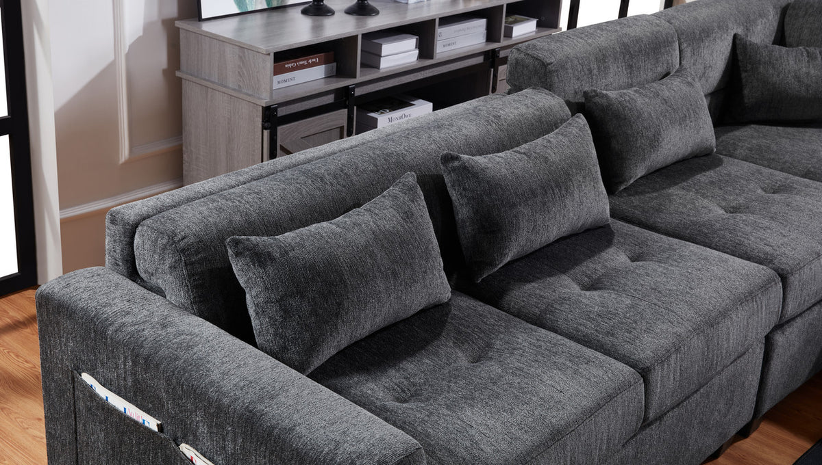 Trey Gray 115"W Chenille Sectional Sofa with Ottoman