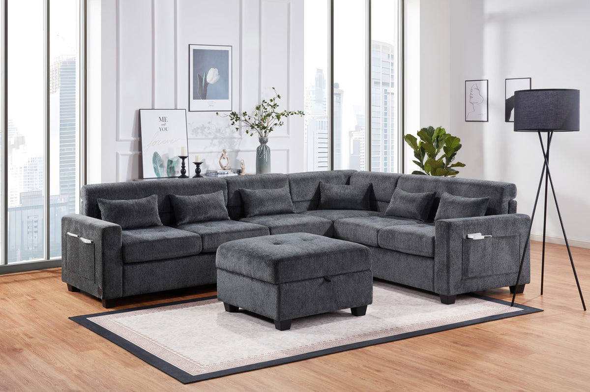 Trey Gray 115"W Chenille Sectional Sofa with Ottoman
