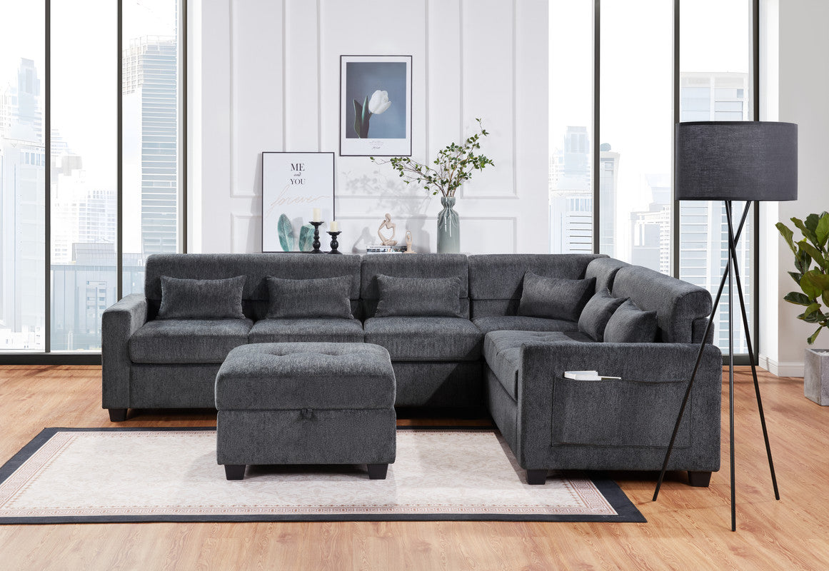 Trey Gray 115"W Chenille Sectional Sofa with Ottoman