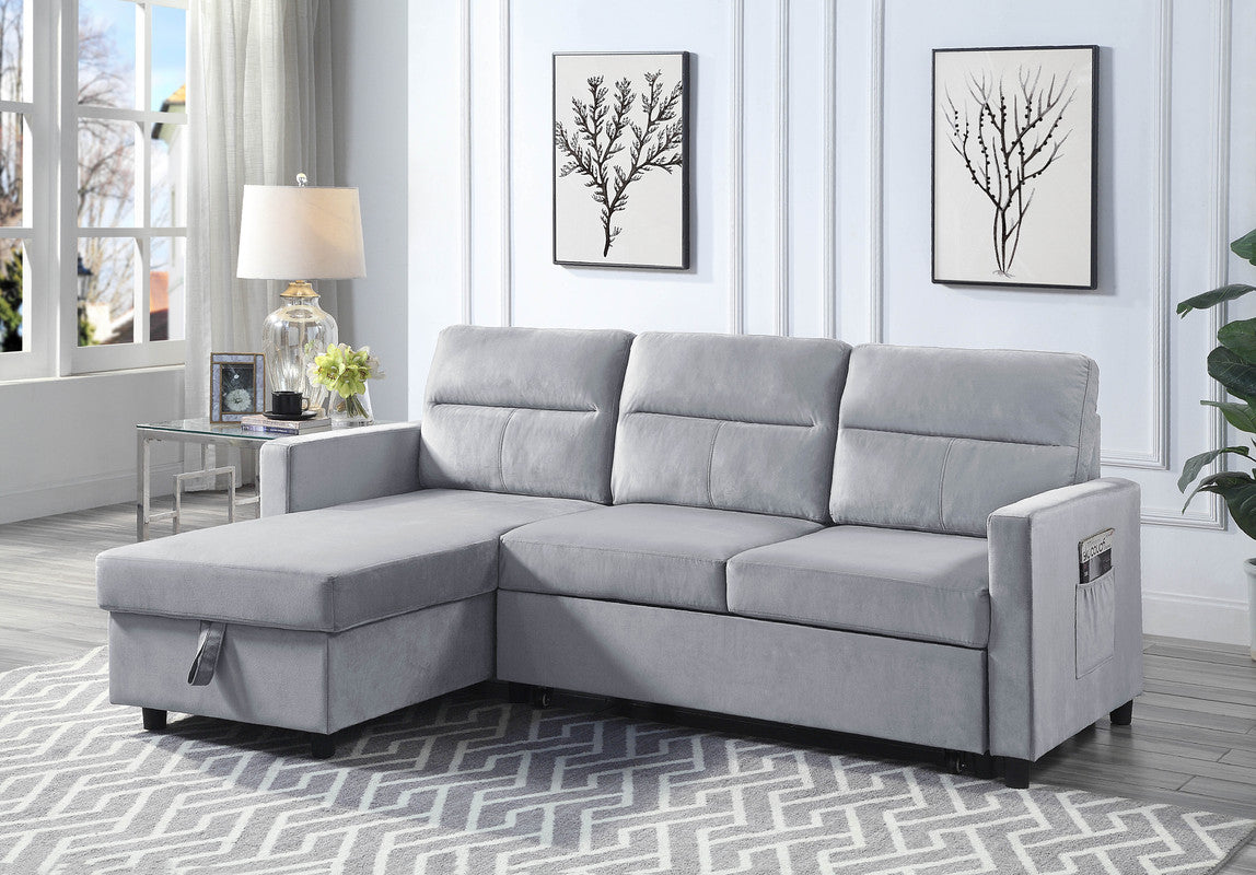 Ivy Light Gray 81.5"W Velvet Reversible Sleeper Sectional Sofa with Storage Chaise