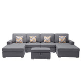 Nolan Gray 124"W Linen Double Chaise Sectional Sofa with Ottoman
