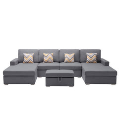 Nolan Gray 124"W Linen Double Chaise Sectional Sofa with Ottoman