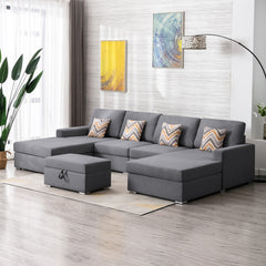 Nolan Gray 124"W Linen Double Chaise Sectional Sofa with Ottoman
