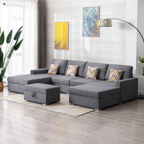 Nolan Gray 124"W Linen Double Chaise Sectional Sofa with Ottoman