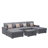 Nolan Gray 124"W Linen Double Chaise Sectional Sofa with Ottoman