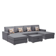 Nolan Gray 124"W Linen Double Chaise Sectional Sofa with Ottoman