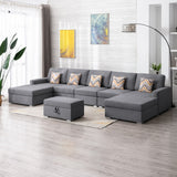 Nolan Gray 152"W Linen Double Chaise Sectional Sofa with Ottoman