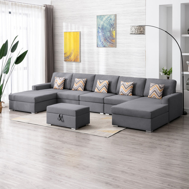 Nolan Gray 152"W Linen Double Chaise Sectional Sofa with Ottoman