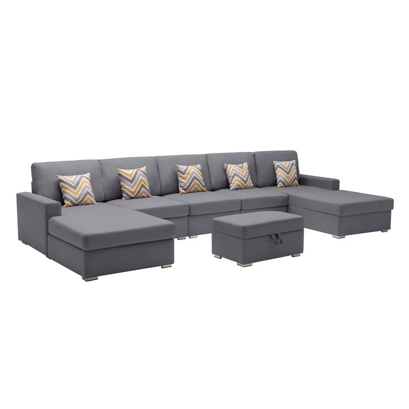 Nolan Gray 152"W Linen Double Chaise Sectional Sofa with Ottoman