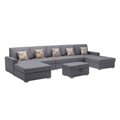 Nolan Gray 152"W Linen Double Chaise Sectional Sofa with Ottoman
