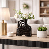 Rowen Black Ceramic Metallic Triple Handle Vase