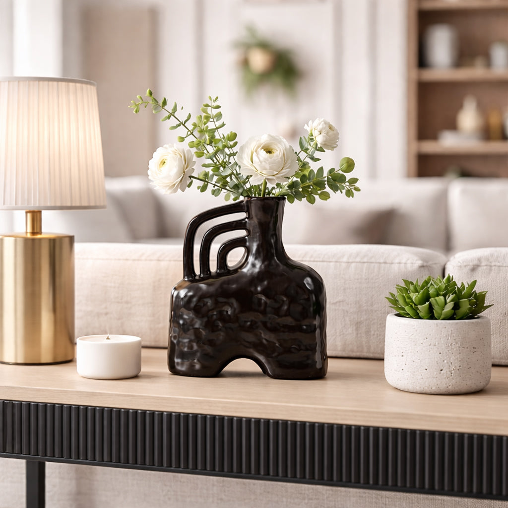 Rowen Black Ceramic Metallic Triple Handle Vase