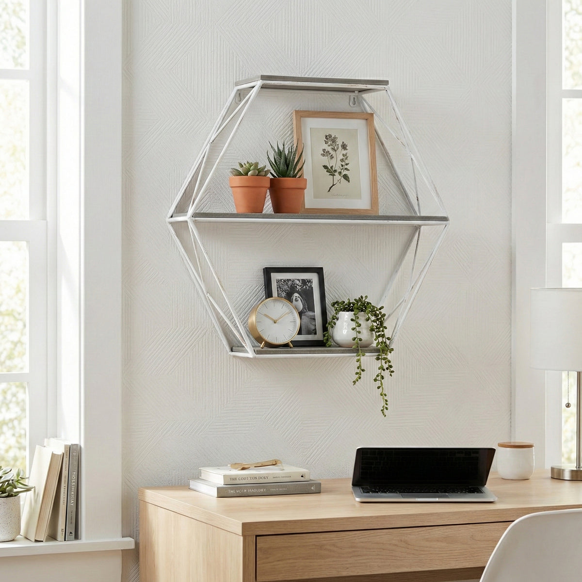 Jackson Gray/White Metal and Wood 3 Tier Hexagon Wall Shelf