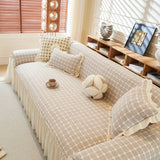 Grid Textured Sofa Cover with Sheer Ruffle Skirt, Pet-Friendly Sofa Throw Slipcover