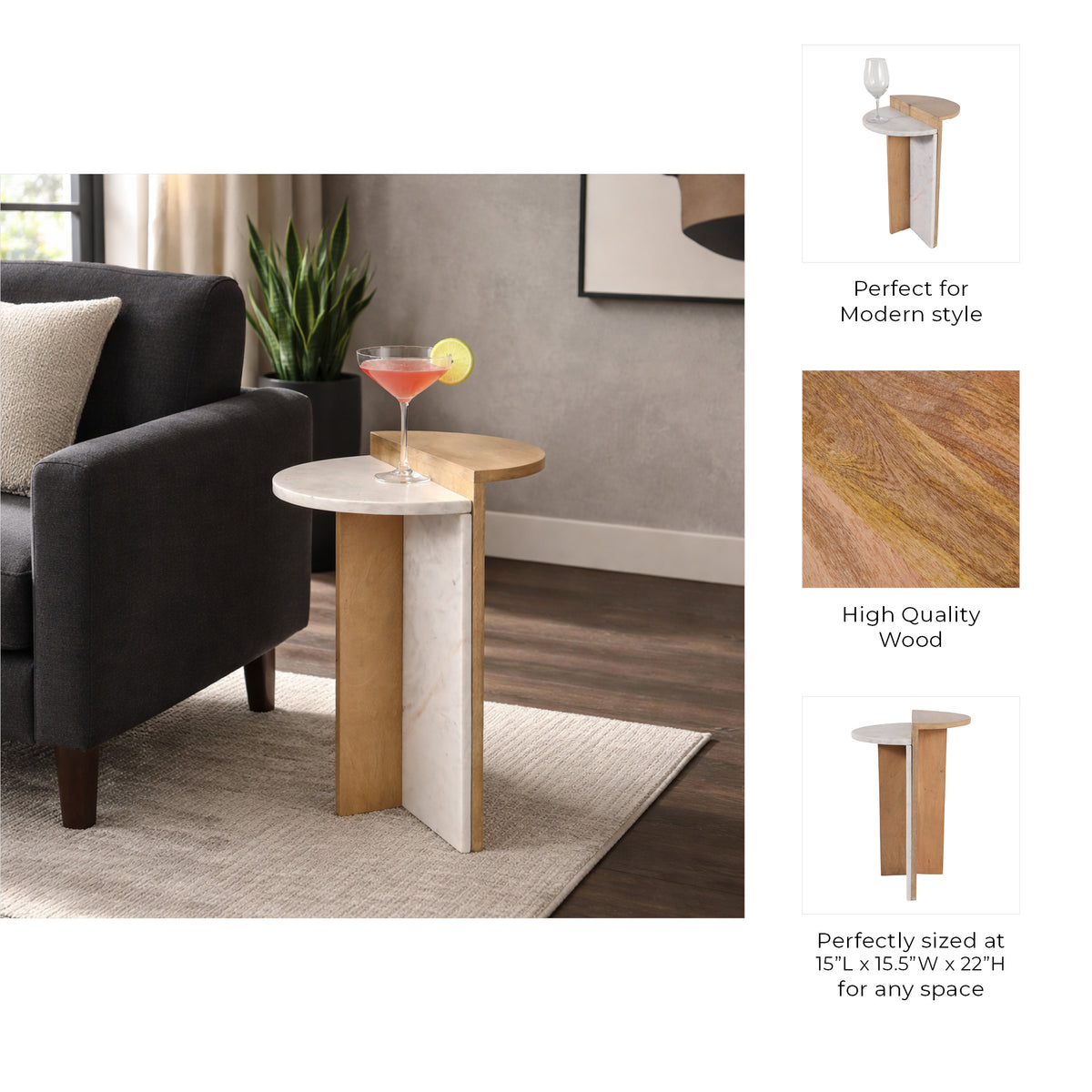 Plumas White/Natural Wood and Marble Combo Accent Table