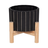 Doyle Black Ceramic Fluted Planter with Wood Stand