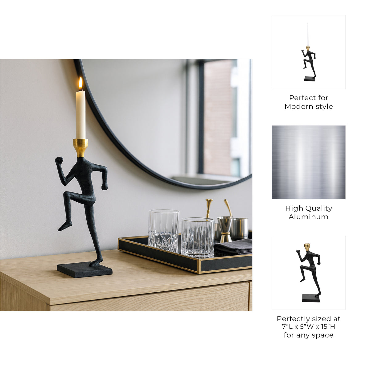 Sorroca Gold/Black Metal Running Man Taper Candle Holder