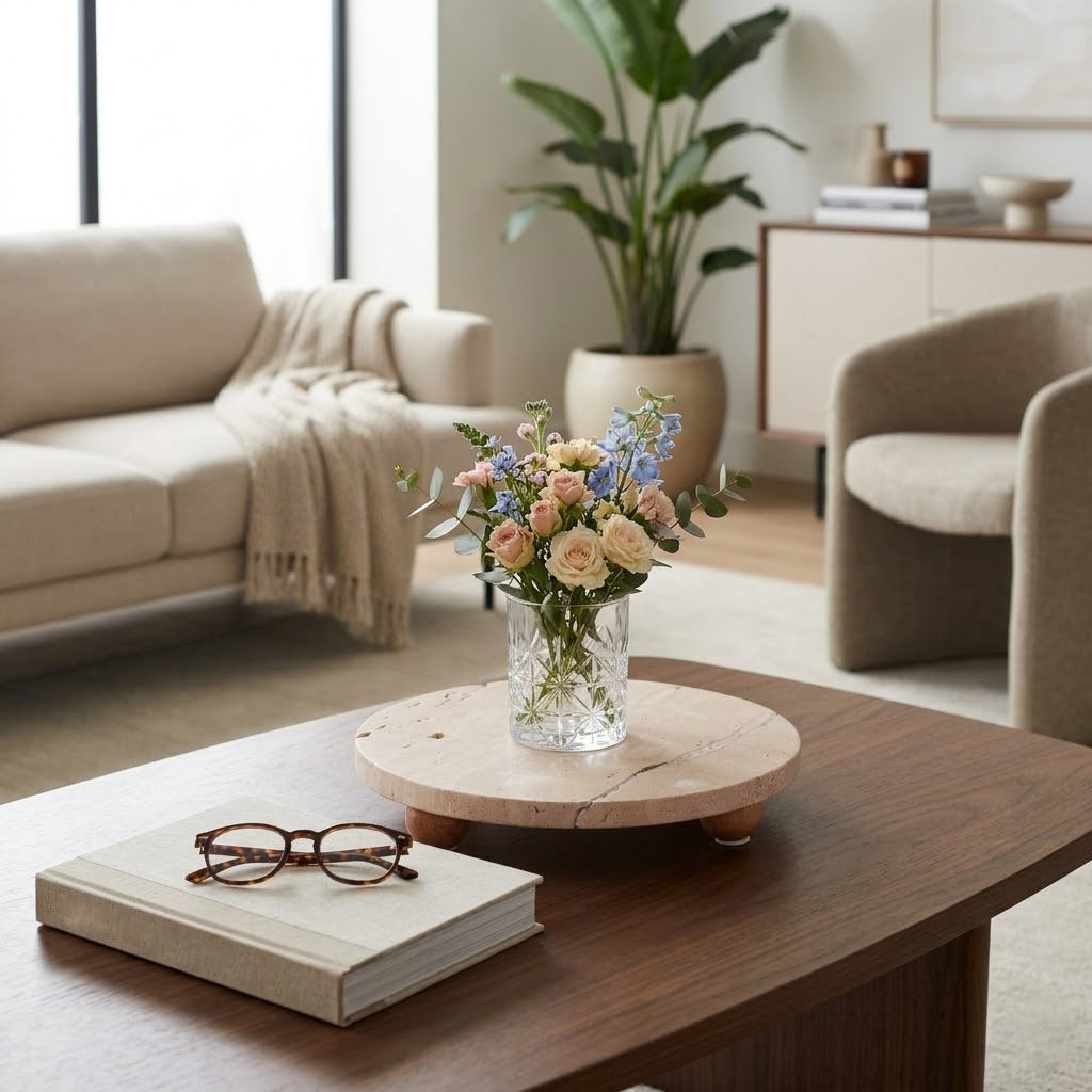 Newtown Tan Travertine Tray on Wood Ball Feet