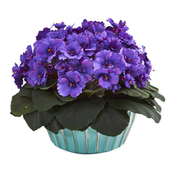 9” African Violet Artificial Plant in Turquoise Vase - Ornate Home