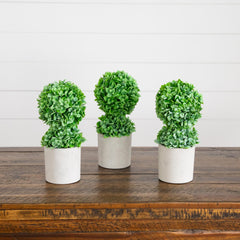 9" Artificial Mini Boxwood Ball Topiary in Cement Planter - Set of 3 - Ornate Home
