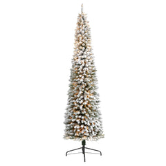 9’ Flocked Pencil Artificial Christmas Tree with 600 Clear Lights and 896 Bendable Branches - Ornate Home