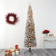 9’ Flocked Pencil Artificial Christmas Tree with 600 Clear Lights and 896 Bendable Branches - Ornate Home