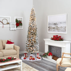 9’ Flocked Pencil Artificial Christmas Tree with 600 Clear Lights and 896 Bendable Branches - Ornate Home