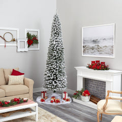 9’ Flocked Pencil Artificial Christmas Tree with 600 Clear Lights and 896 Bendable Branches - Ornate Home