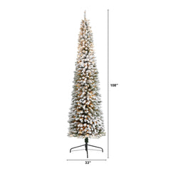 9’ Flocked Pencil Artificial Christmas Tree with 600 Clear Lights and 896 Bendable Branches - Ornate Home