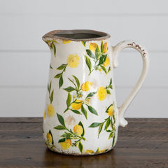 9” Lemon Print Ceramic Rustic Jug Vase - Ornate Home
