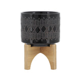 Electra Black Ceramic Aztec Planter on Wooden Stand