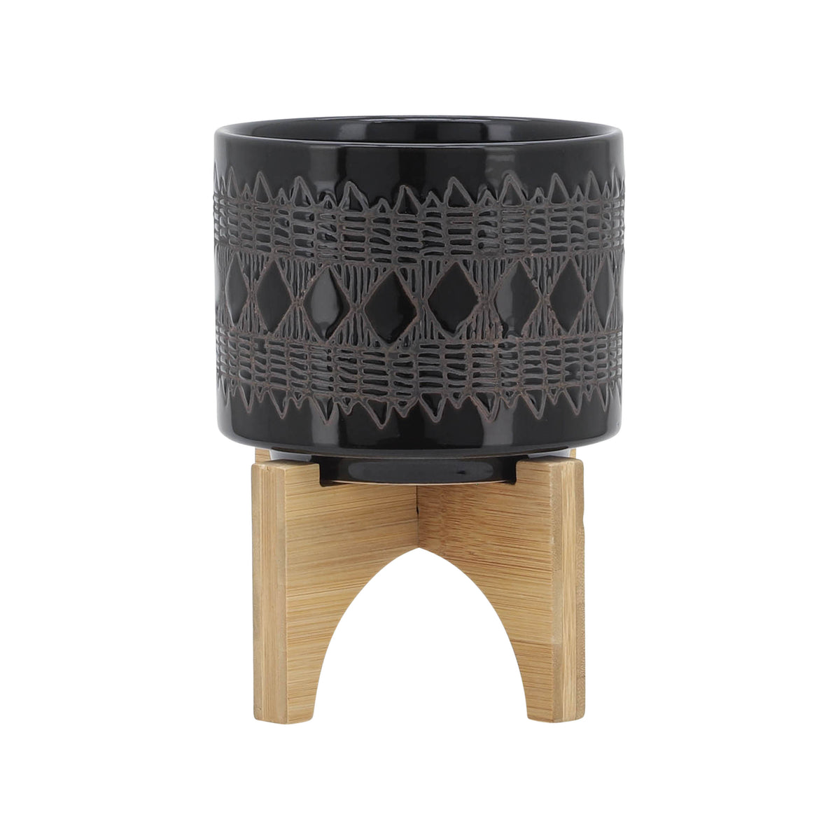 Electra Black Ceramic Aztec Planter on Wooden Stand