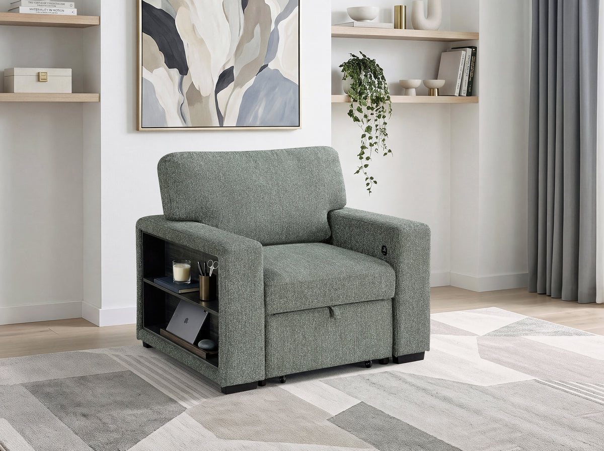 Alcove Green Chair With Pull-out Ottoman Arms With Shelves And Charging Ports