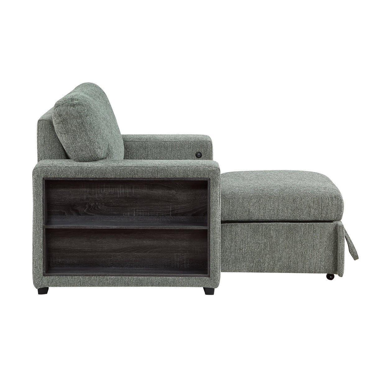 Alcove Green Chair With Pull-out Ottoman Arms With Shelves And Charging Ports