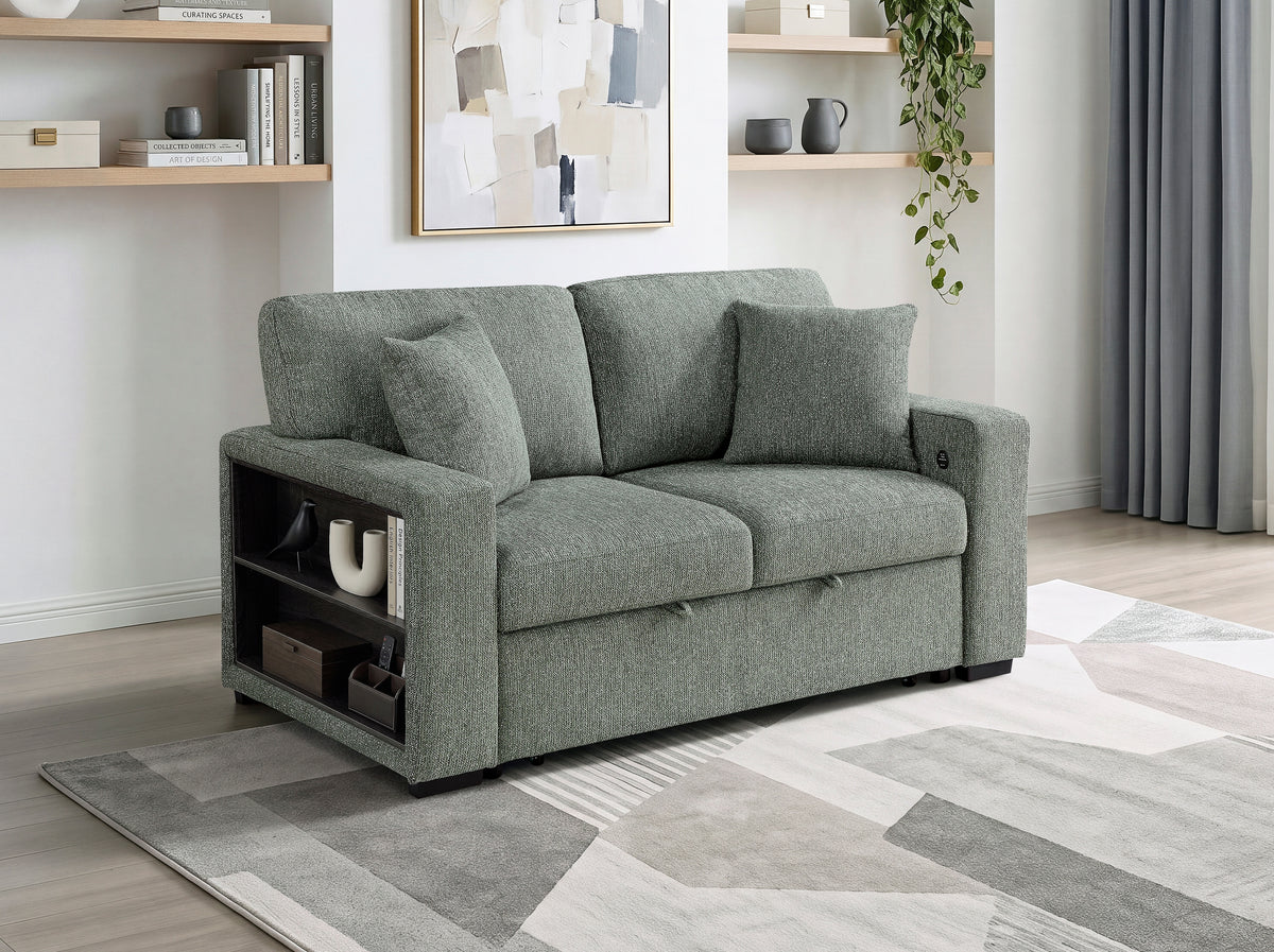 Alcove Green Loveseat With Pull-out Bed Arms With Shelves And Charging Ports