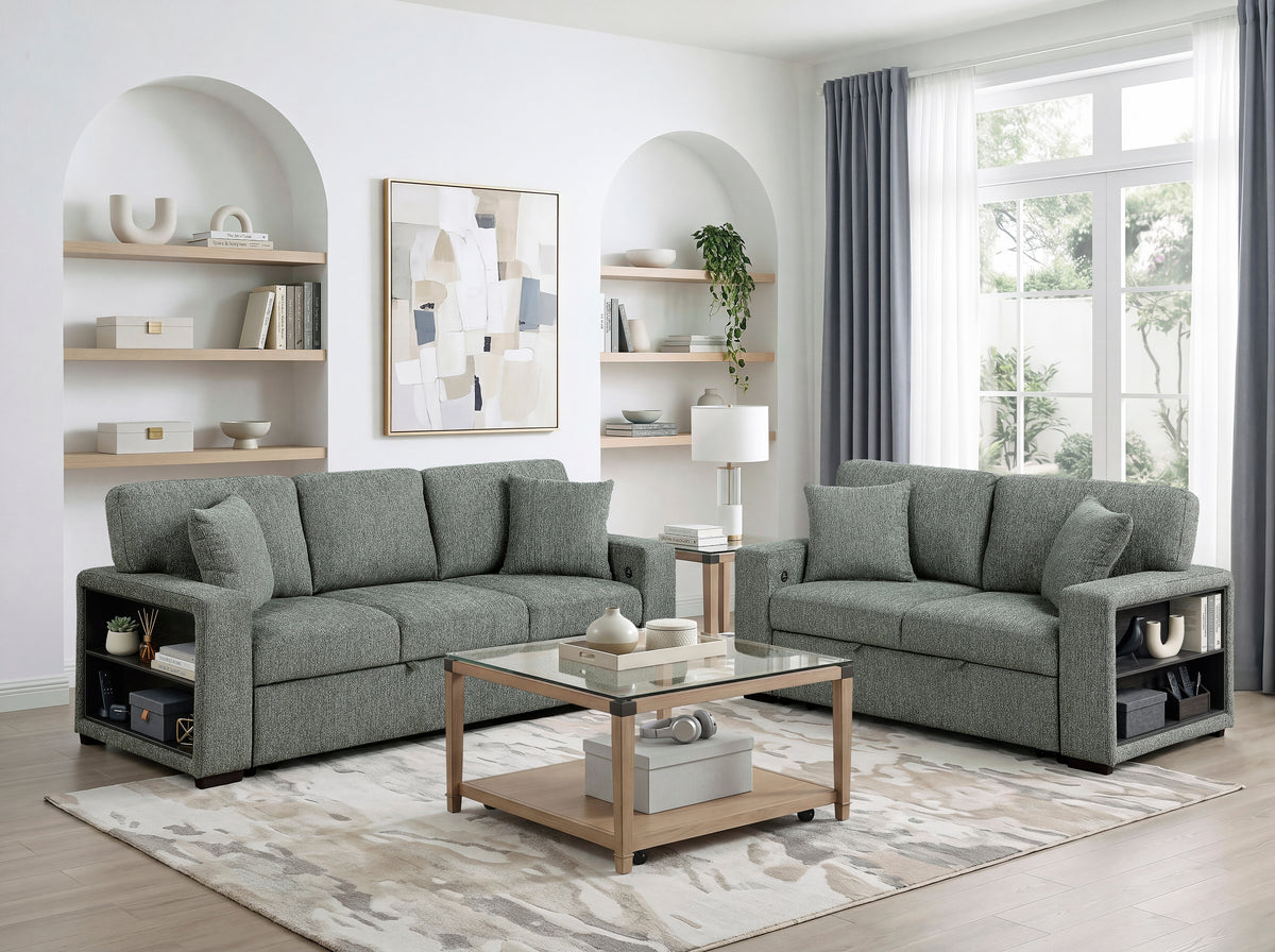 Alcove Green Loveseat With Pull-out Bed Arms With Shelves And Charging Ports