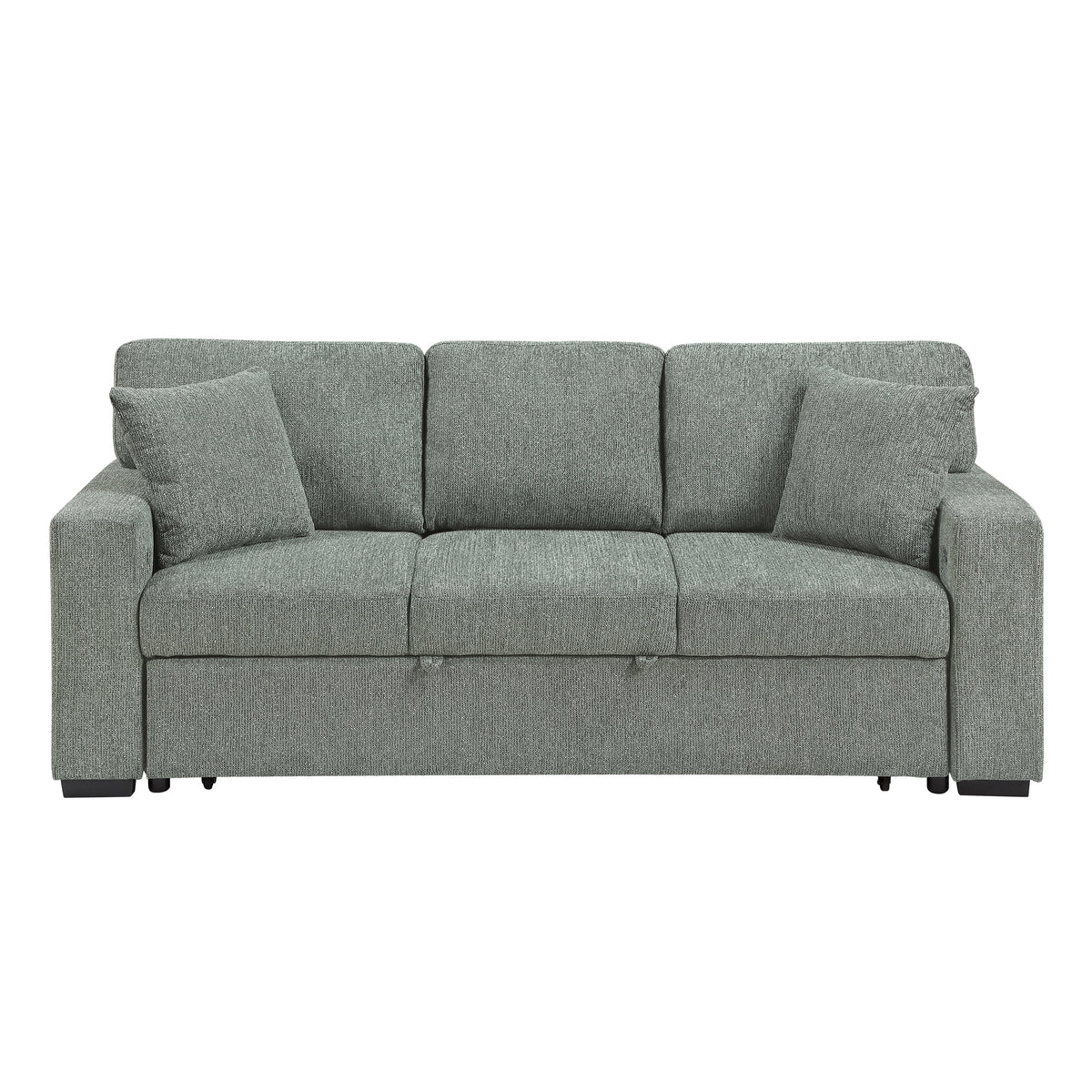Alcove Green Sofa With Pull-out Bed Center Drop-down Cup Holders Arms With Shelves And Charging Ports