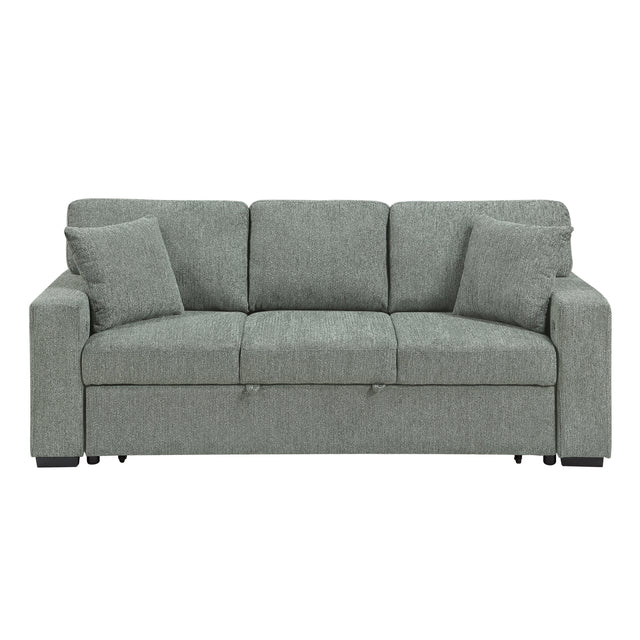 Alcove Green Sofa With Pull-out Bed Center Drop-down Cup Holders Arms With Shelves And Charging Ports