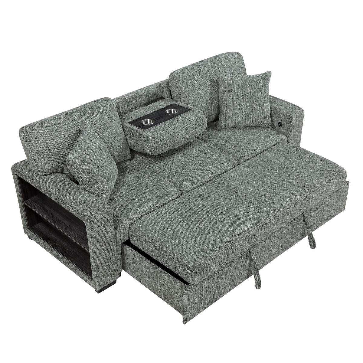 Alcove Green Sofa With Pull-out Bed Center Drop-down Cup Holders Arms With Shelves And Charging Ports
