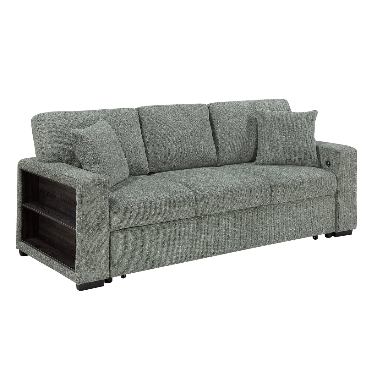 Alcove Green Sofa With Pull-out Bed Center Drop-down Cup Holders Arms With Shelves And Charging Ports