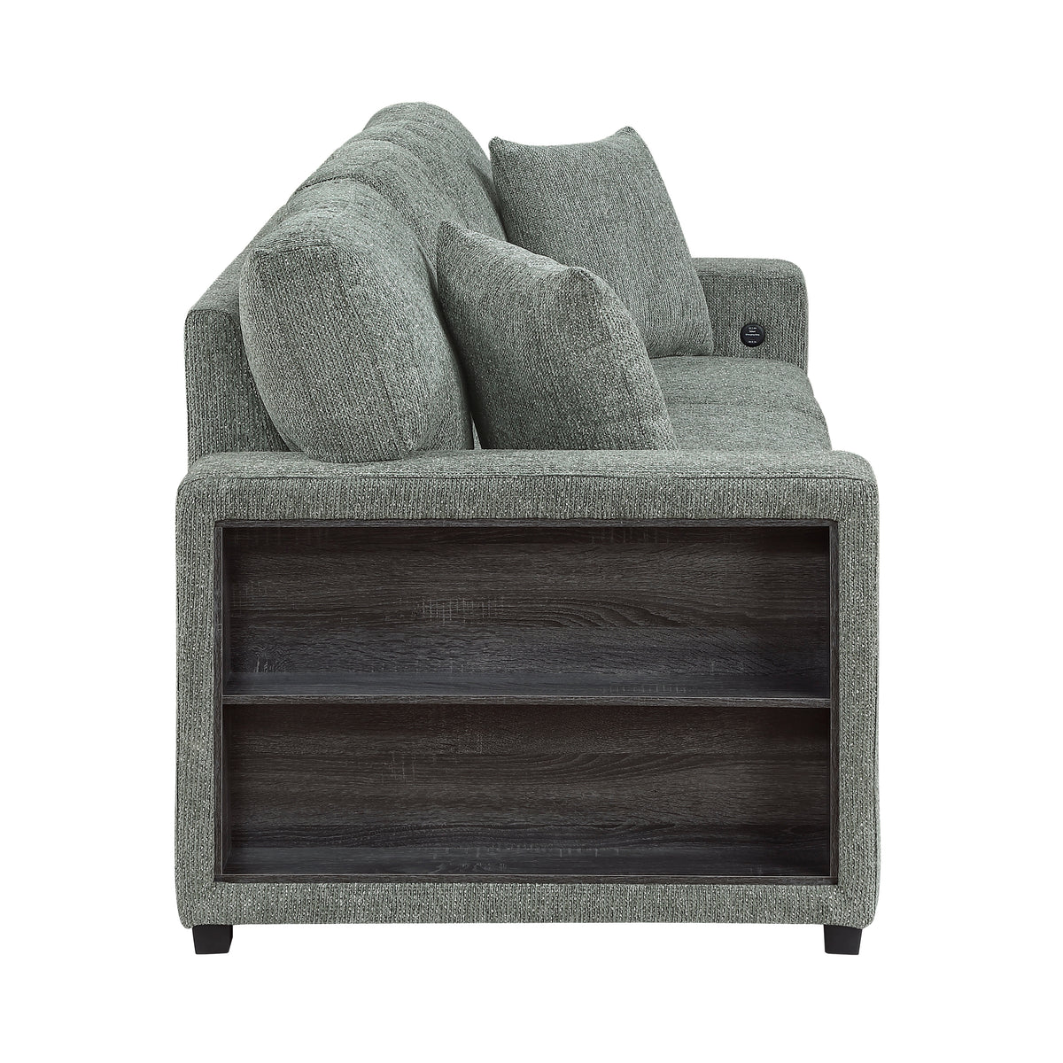 Alcove Green Sofa With Pull-out Bed Center Drop-down Cup Holders Arms With Shelves And Charging Ports